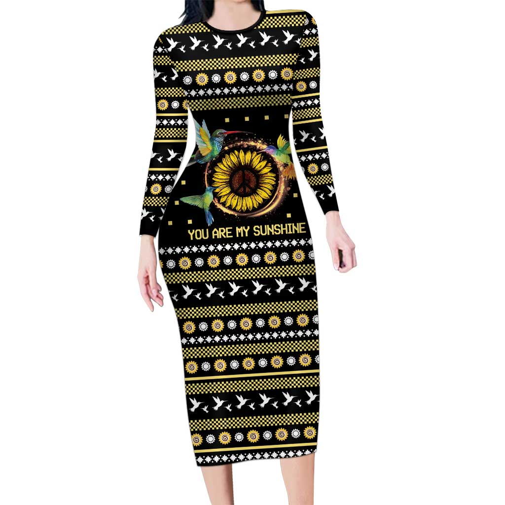 Hummingbird Sunflower Christmas Long Sleeve Bodycon Dress You Are My Sunshine - Wonder Print Shop