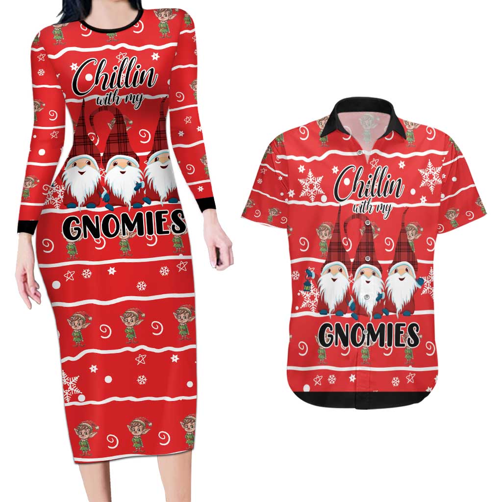 Chillin With My Gnomies Couples Matching Long Sleeve Bodycon Dress and Hawaiian Shirt Merry Christmas - Wonder Print Shop