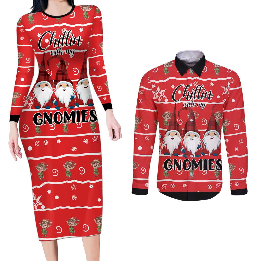 Chillin With My Gnomies Couples Matching Long Sleeve Bodycon Dress and Long Sleeve Button Shirt Merry Christmas - Wonder Print Shop