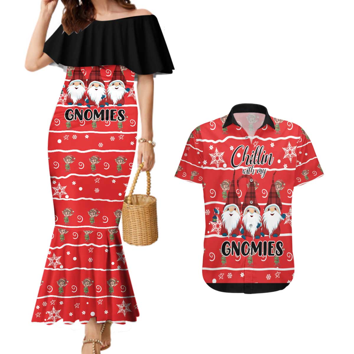 Chillin With My Gnomies Couples Matching Mermaid Dress and Hawaiian Shirt Merry Christmas - Wonder Print Shop
