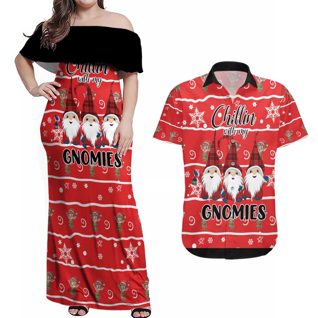 Chillin With My Gnomies Couples Matching Off Shoulder Maxi Dress and Hawaiian Shirt Merry Christmas - Wonder Print Shop