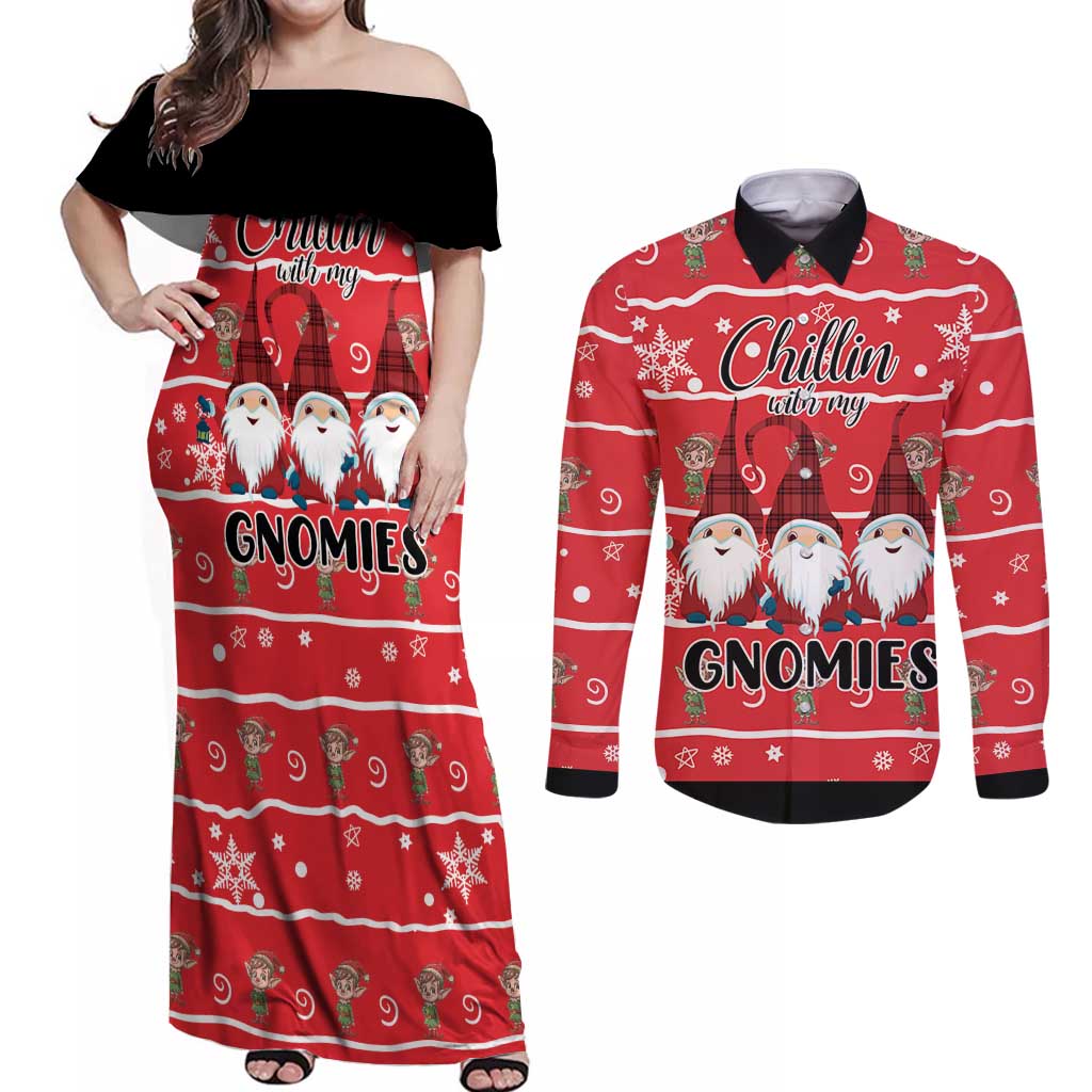 Chillin With My Gnomies Couples Matching Off Shoulder Maxi Dress and Long Sleeve Button Shirt Merry Christmas - Wonder Print Shop