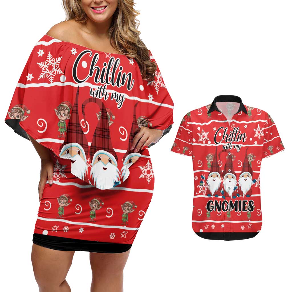 Chillin With My Gnomies Couples Matching Off Shoulder Short Dress and Hawaiian Shirt Merry Christmas - Wonder Print Shop