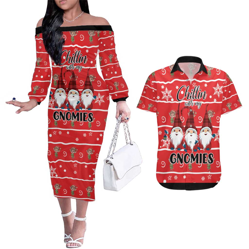 Chillin With My Gnomies Couples Matching Off The Shoulder Long Sleeve Dress and Hawaiian Shirt Merry Christmas - Wonder Print Shop