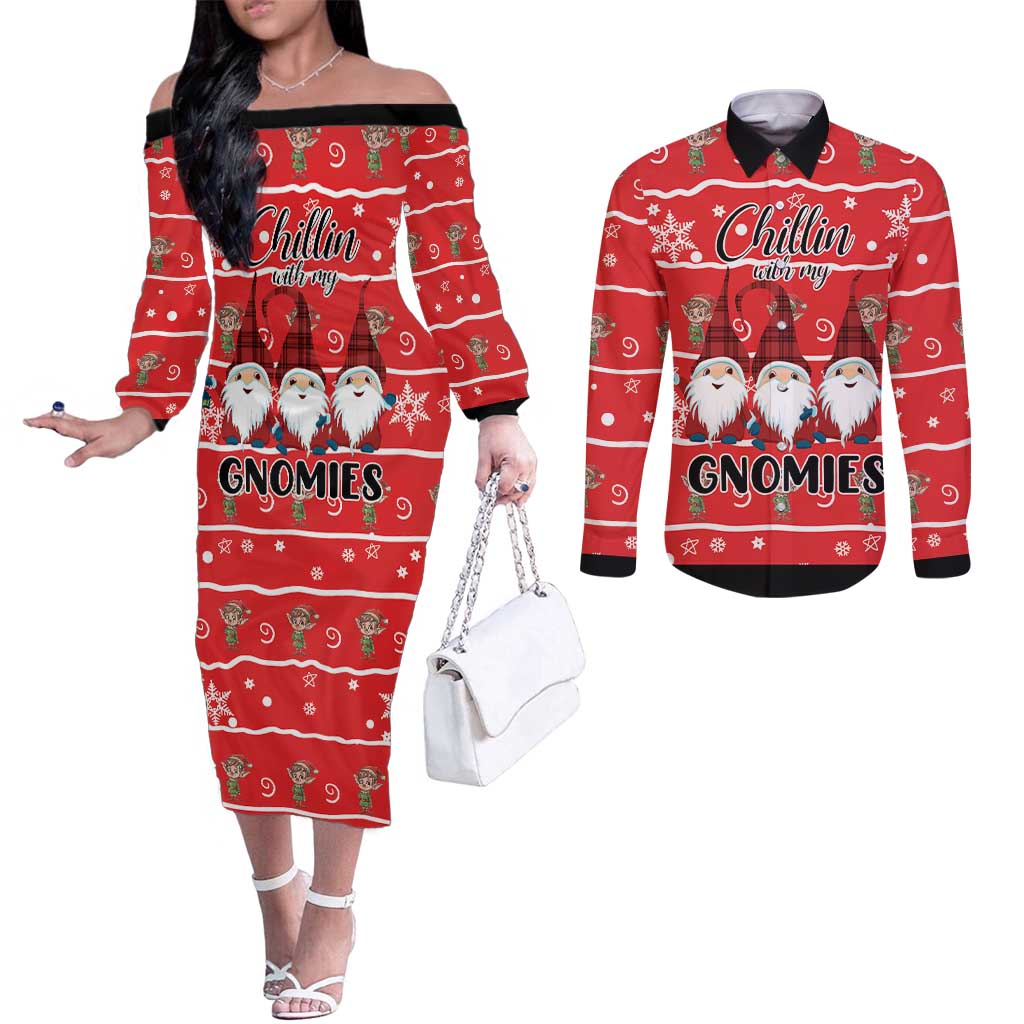 Chillin With My Gnomies Couples Matching Off The Shoulder Long Sleeve Dress and Long Sleeve Button Shirt Merry Christmas