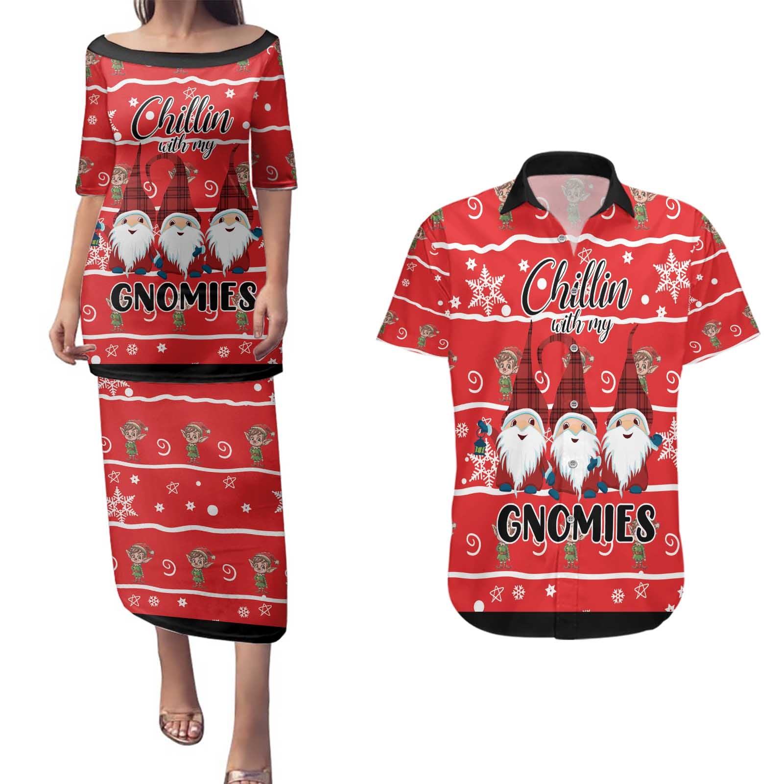 Chillin With My Gnomies Couples Matching Puletasi and Hawaiian Shirt Merry Christmas - Wonder Print Shop