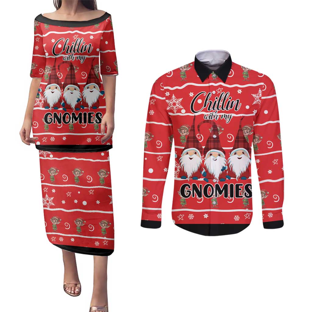 Chillin With My Gnomies Couples Matching Puletasi and Long Sleeve Button Shirt Merry Christmas - Wonder Print Shop