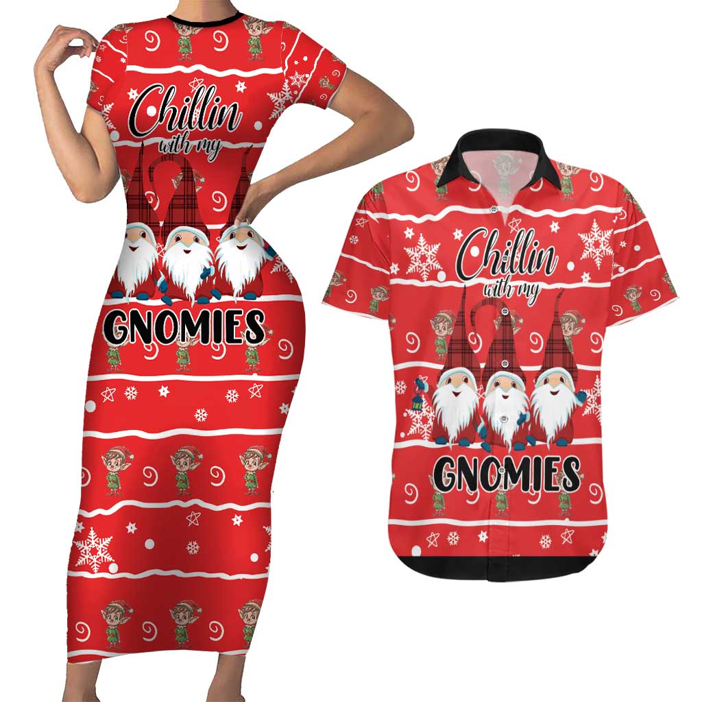 Chillin With My Gnomies Couples Matching Short Sleeve Bodycon Dress and Hawaiian Shirt Merry Christmas - Wonder Print Shop