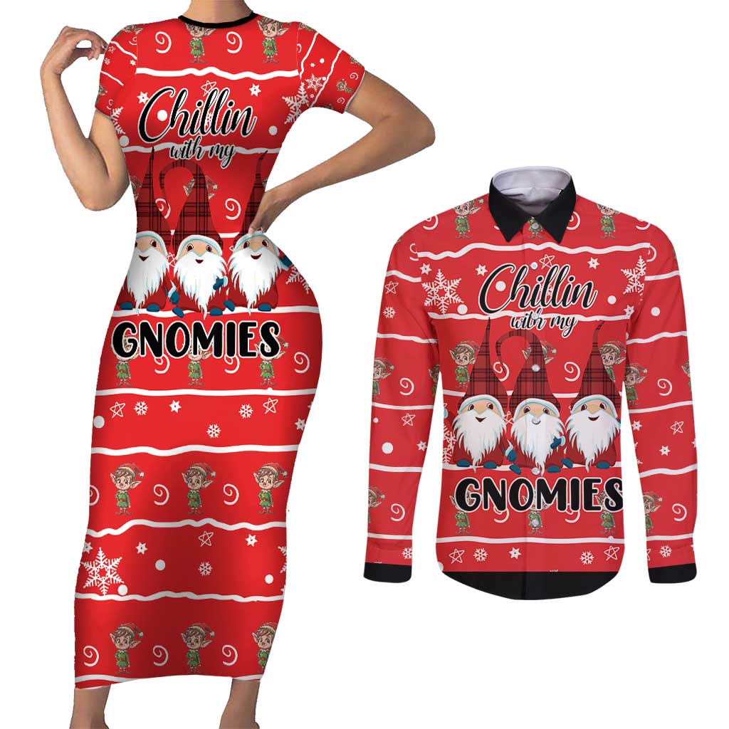 Chillin With My Gnomies Couples Matching Short Sleeve Bodycon Dress and Long Sleeve Button Shirt Merry Christmas - Wonder Print Shop