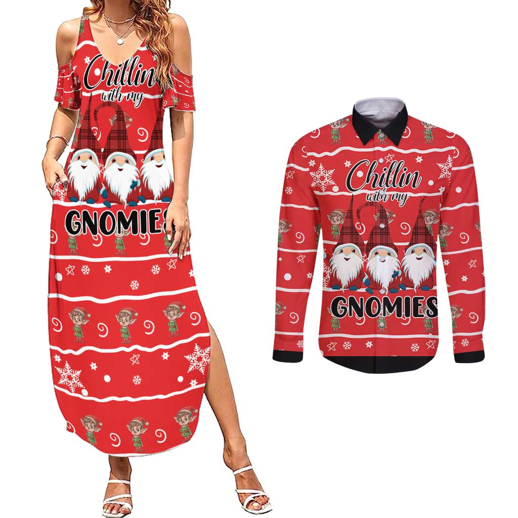 Chillin With My Gnomies Couples Matching Summer Maxi Dress and Long Sleeve Button Shirt Merry Christmas - Wonder Print Shop