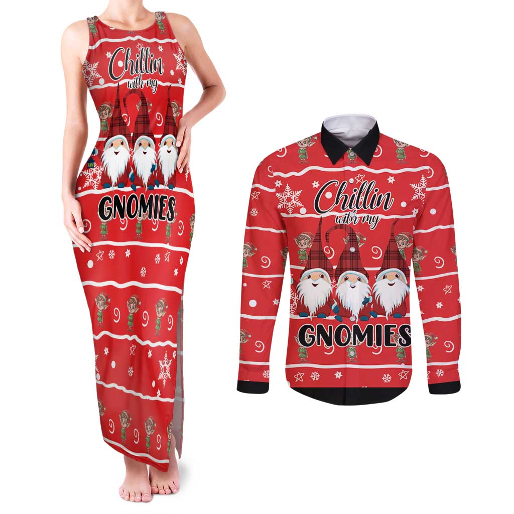 Chillin With My Gnomies Couples Matching Tank Maxi Dress and Long Sleeve Button Shirt Merry Christmas - Wonder Print Shop