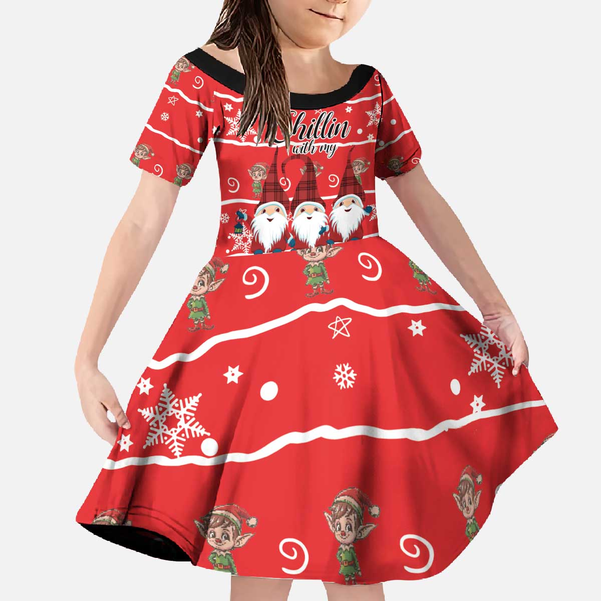 Chillin With My Gnomies Family Matching Off The Shoulder Long Sleeve Dress and Hawaiian Shirt Merry Christmas - Wonder Print Shop