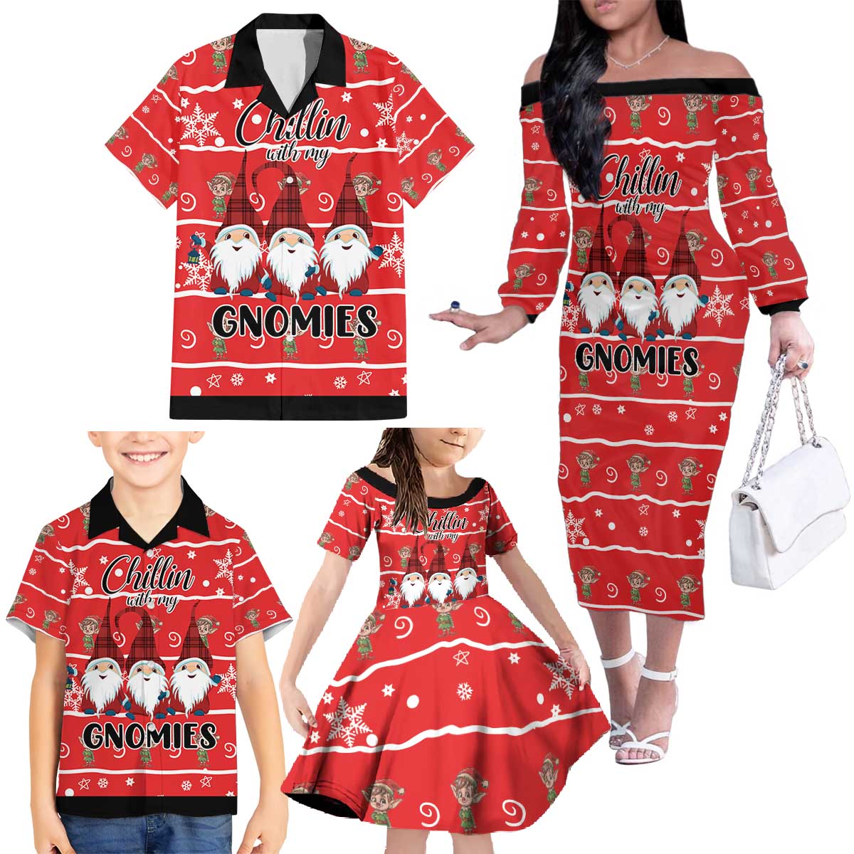 Chillin With My Gnomies Family Matching Off The Shoulder Long Sleeve Dress and Hawaiian Shirt Merry Christmas - Wonder Print Shop