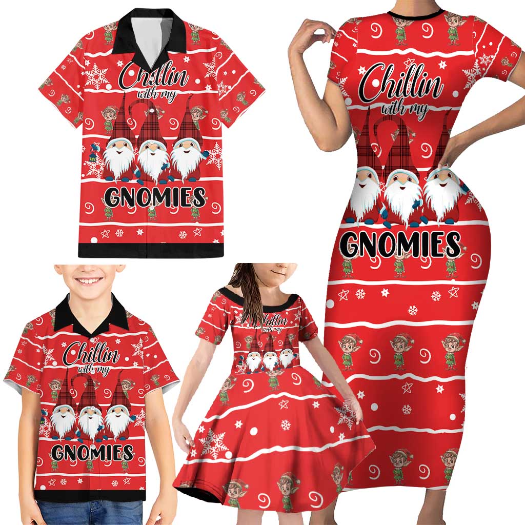 Chillin With My Gnomies Family Matching Short Sleeve Bodycon Dress and Hawaiian Shirt Merry Christmas - Wonder Print Shop