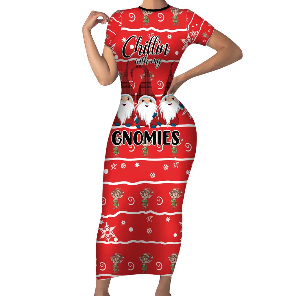 Chillin With My Gnomies Family Matching Short Sleeve Bodycon Dress and Hawaiian Shirt Merry Christmas - Wonder Print Shop