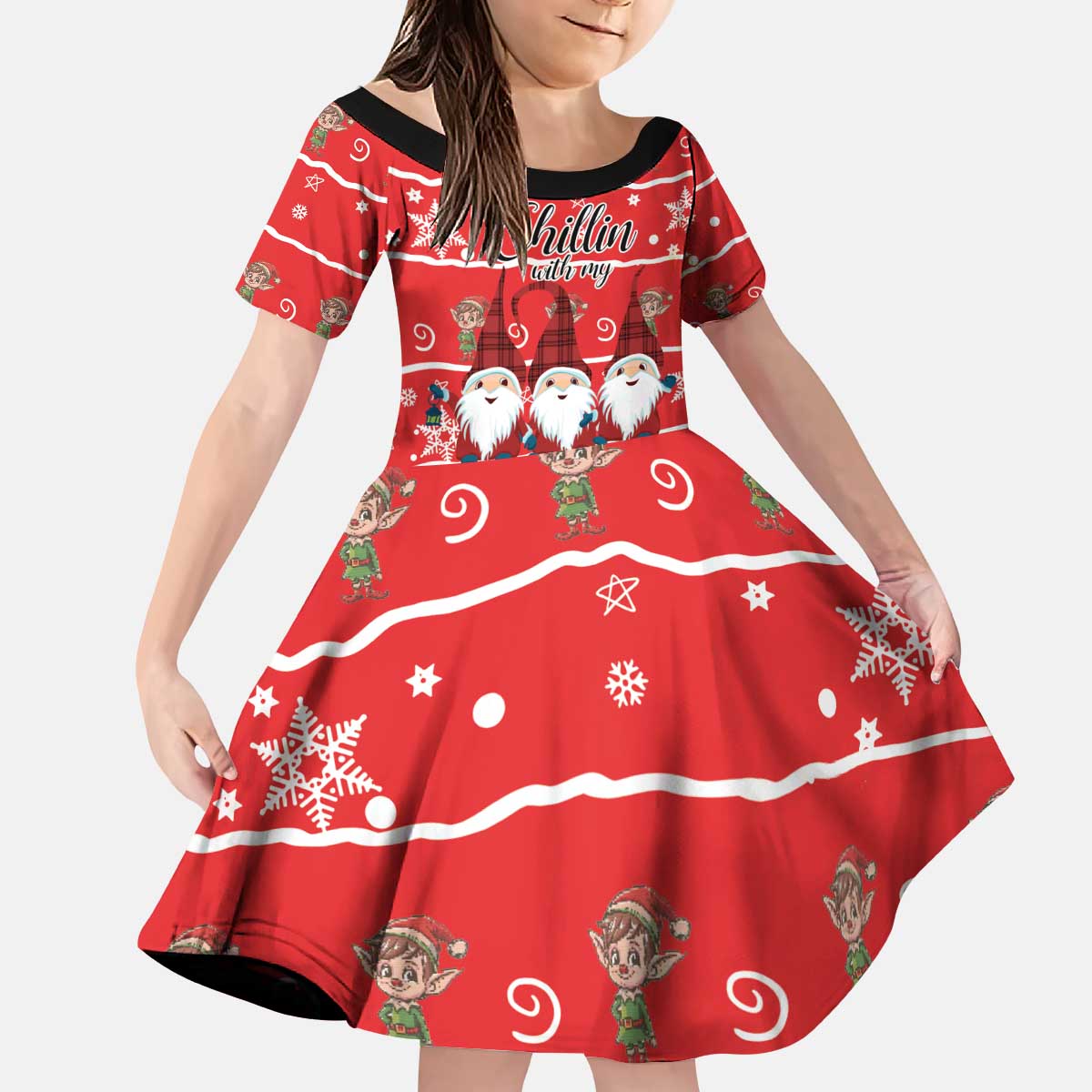 Chillin With My Gnomies Kid Short Sleeve Dress Merry Christmas - Wonder Print Shop