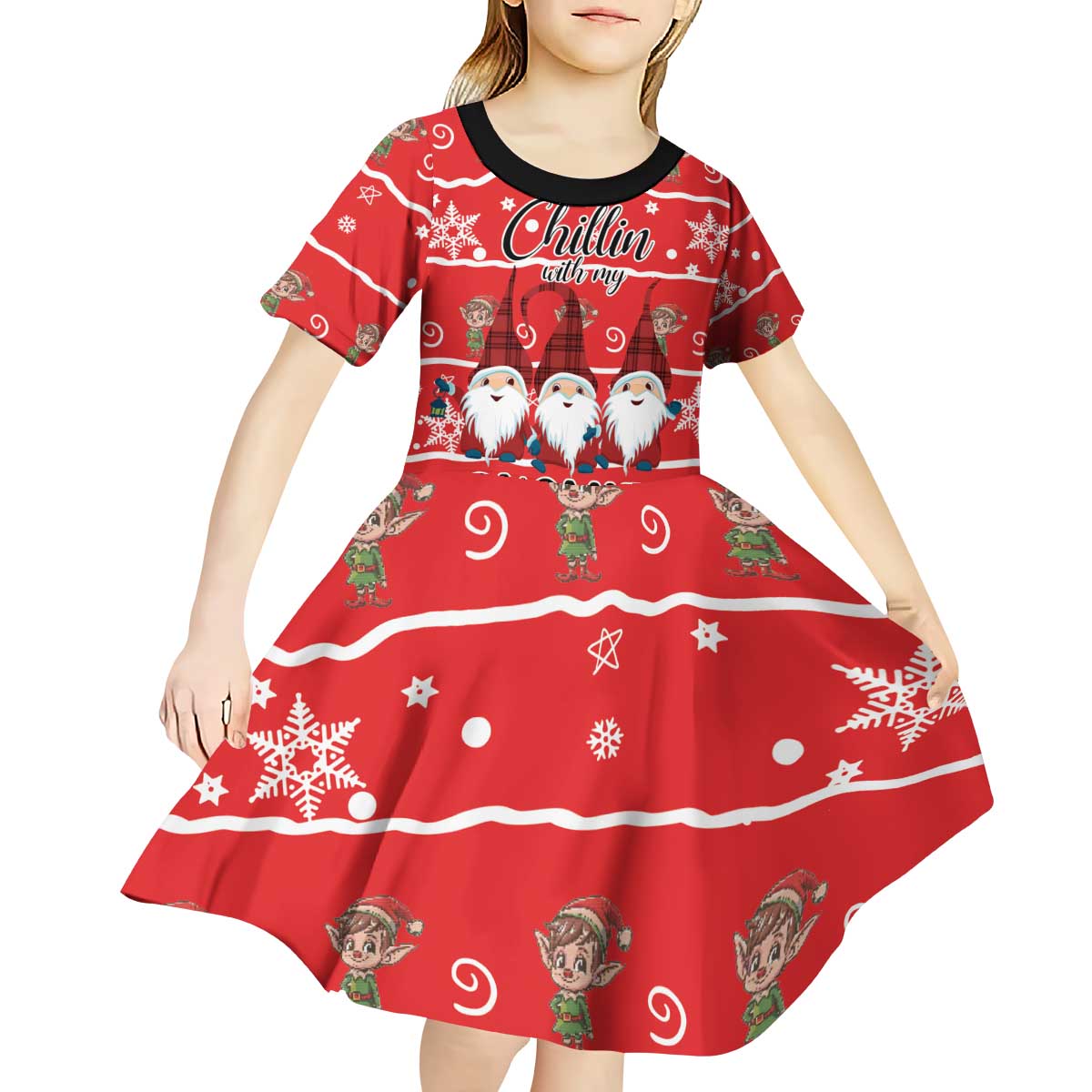Chillin With My Gnomies Kid Short Sleeve Dress Merry Christmas - Wonder Print Shop