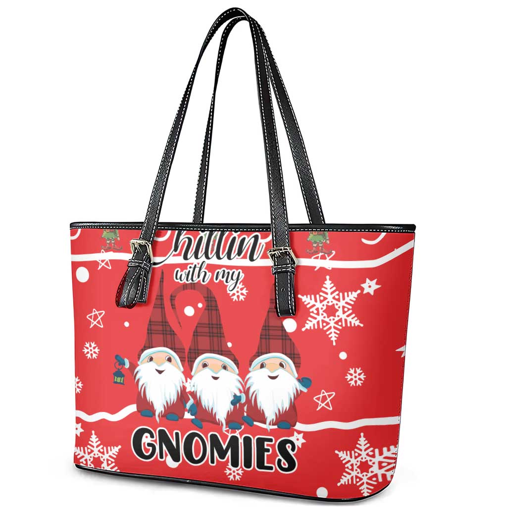 Chillin With My Gnomies Leather Tote Bag Merry Christmas - Wonder Print Shop