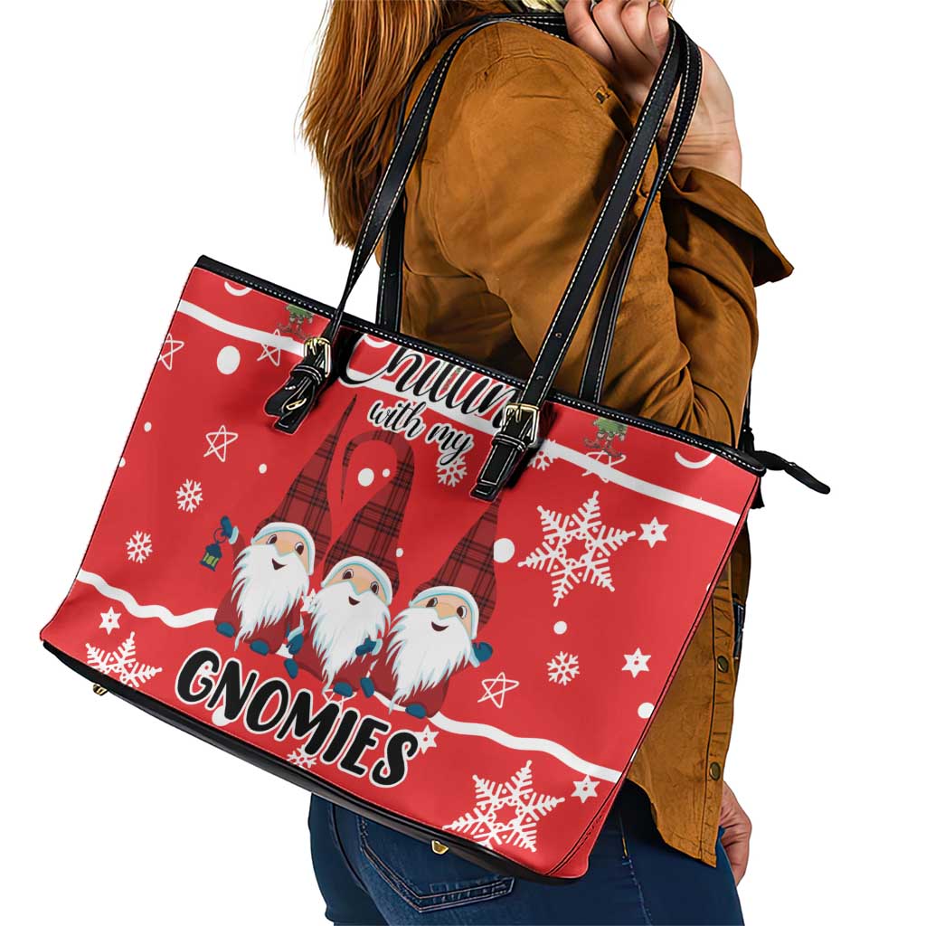 Chillin With My Gnomies Leather Tote Bag Merry Christmas - Wonder Print Shop