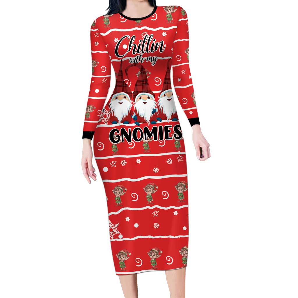 Chillin With My Gnomies Long Sleeve Bodycon Dress Merry Christmas - Wonder Print Shop