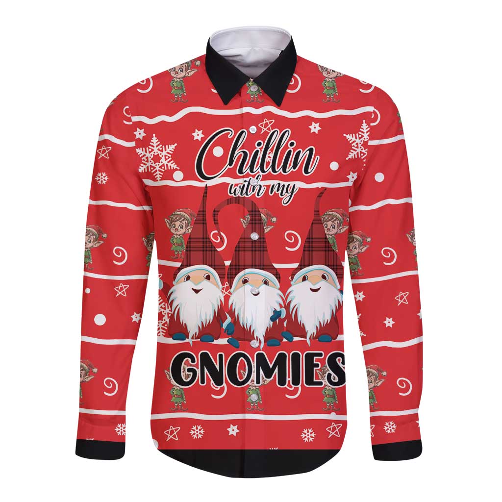 Chillin With My Gnomies Long Sleeve Button Shirt Merry Christmas - Wonder Print Shop