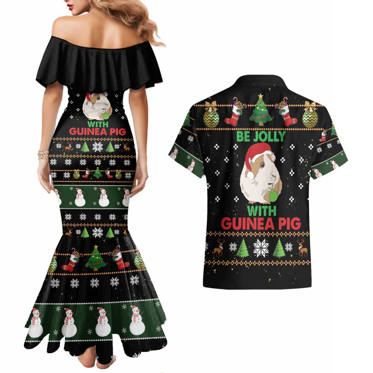 Guinea Pig Christmas Couples Matching Mermaid Dress and Hawaiian Shirt Be Jolly With Guinea Pig - Wonder Print Shop
