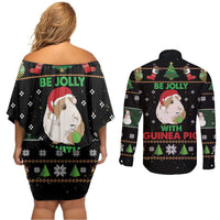 Guinea Pig Christmas Couples Matching Off Shoulder Short Dress and Long Sleeve Button Shirt Be Jolly With Guinea Pig - Wonder Print Shop