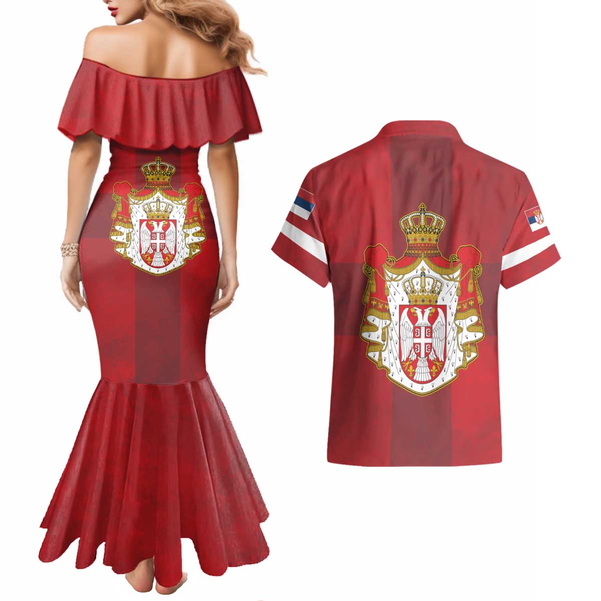 Serbia Couples Matching Mermaid Dress and Hawaiian Shirt Serbian Cross Eagle Tattoo