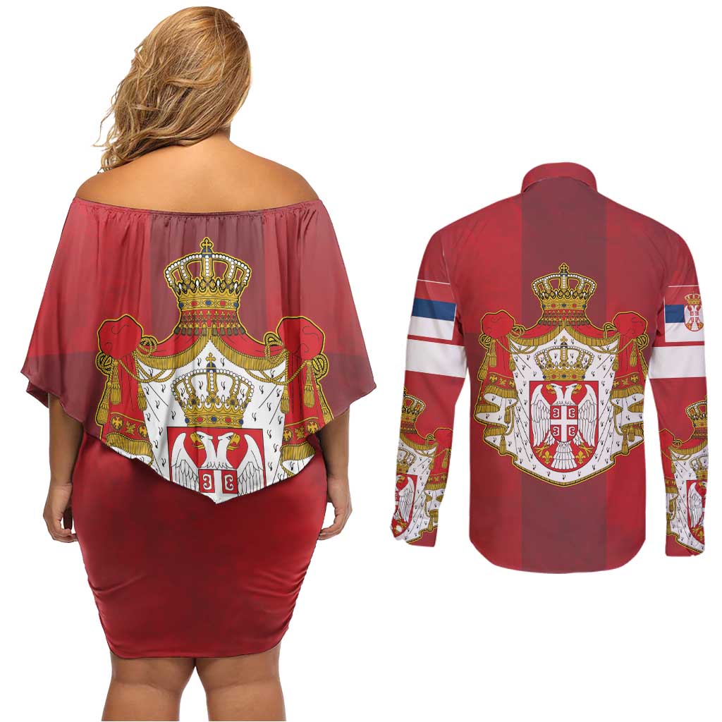 Serbia Couples Matching Off Shoulder Short Dress and Long Sleeve Button Shirt Serbian Cross Eagle Tattoo