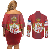 Serbia Couples Matching Off Shoulder Short Dress and Long Sleeve Button Shirt Serbian Cross Eagle Tattoo