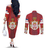Serbia Couples Matching Off The Shoulder Long Sleeve Dress and Long Sleeve Button Shirt Serbian Cross Eagle Tattoo