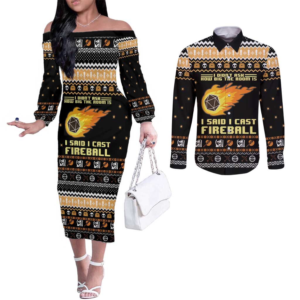 I Said I Cast Fireball Christmas Couples Matching Off The Shoulder Long Sleeve Dress and Long Sleeve Button Shirt I Said I Cast Fireball