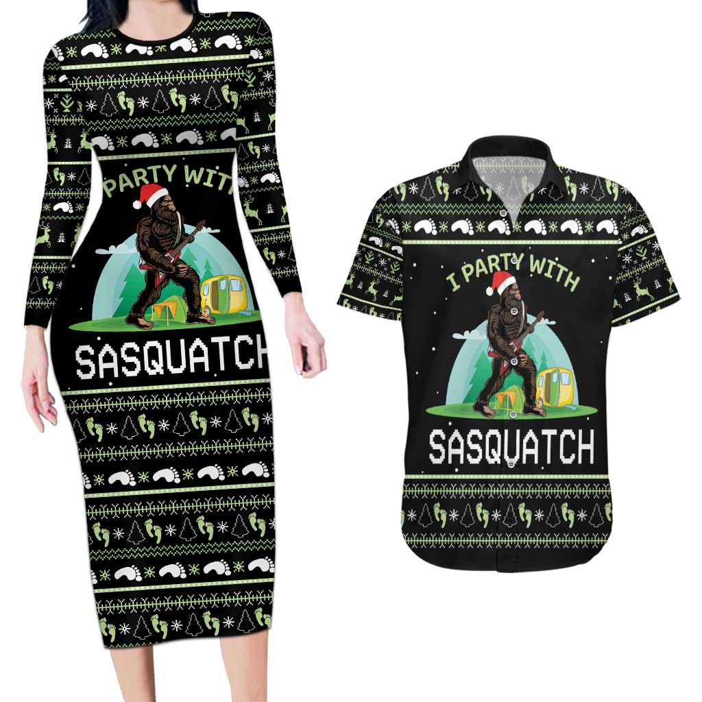 I'm Party With Sasquatch Camping Couples Matching Long Sleeve Bodycon Dress and Hawaiian Shirt I'm Party With Sasquatch - Wonder Print Shop