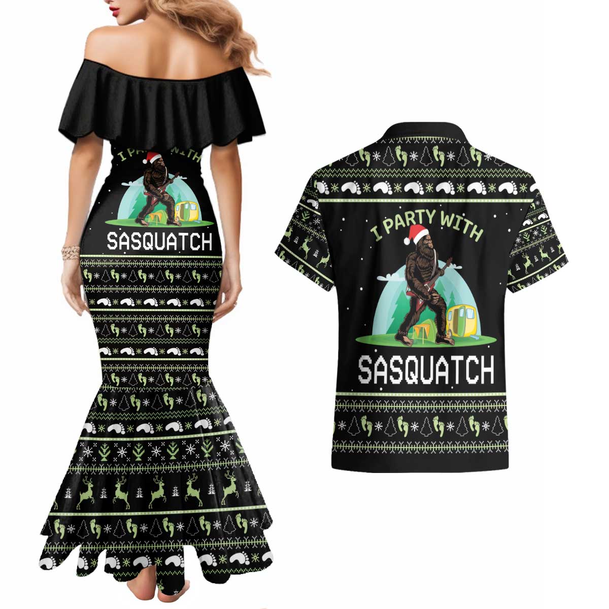 I'm Party With Sasquatch Camping Couples Matching Mermaid Dress and Hawaiian Shirt I'm Party With Sasquatch - Wonder Print Shop