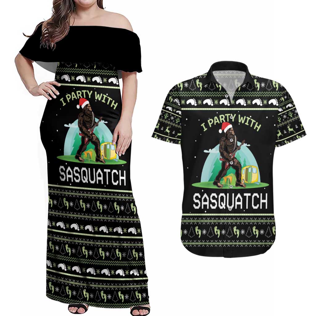 I'm Party With Sasquatch Camping Couples Matching Off Shoulder Maxi Dress and Hawaiian Shirt I'm Party With Sasquatch - Wonder Print Shop