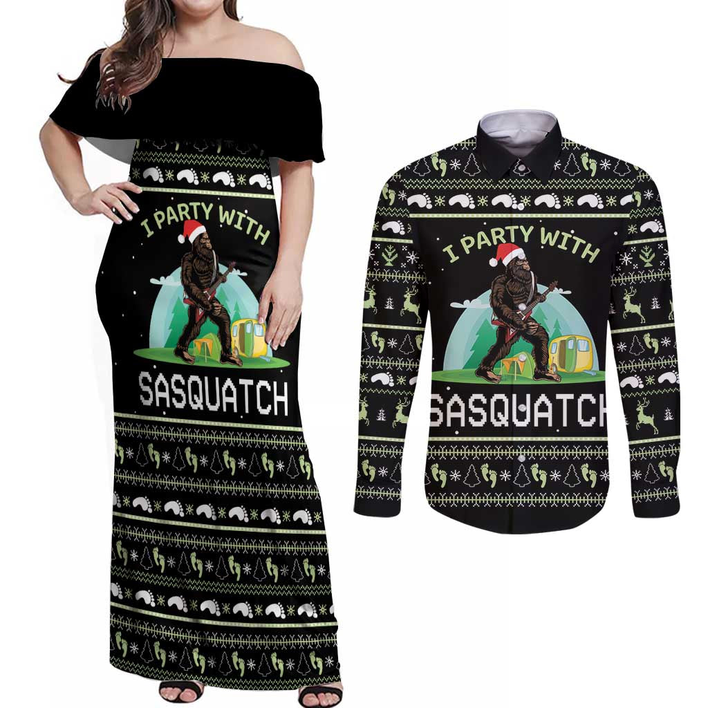 I'm Party With Sasquatch Camping Couples Matching Off Shoulder Maxi Dress and Long Sleeve Button Shirt I'm Party With Sasquatch - Wonder Print Shop