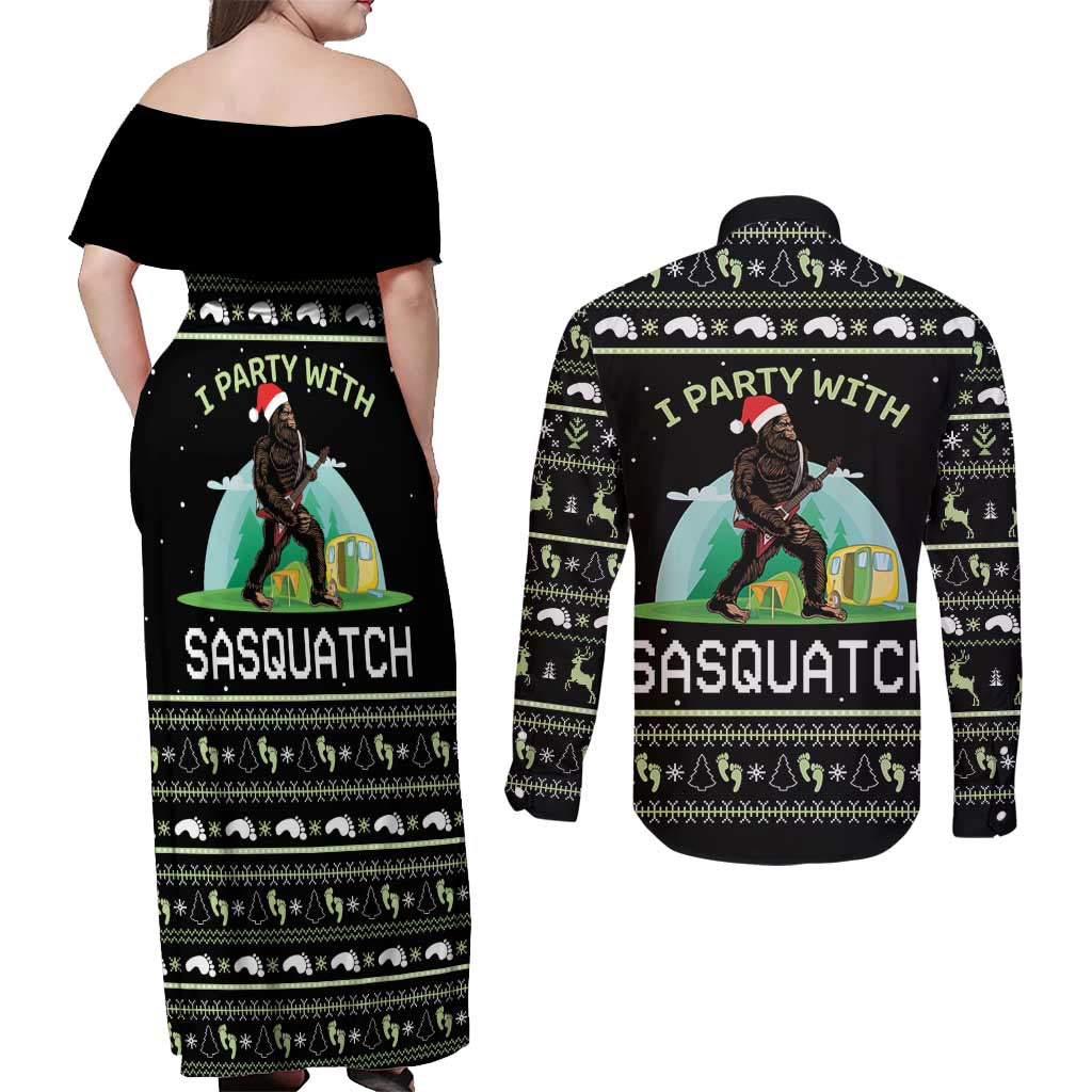 I'm Party With Sasquatch Camping Couples Matching Off Shoulder Maxi Dress and Long Sleeve Button Shirt I'm Party With Sasquatch - Wonder Print Shop