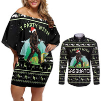I'm Party With Sasquatch Camping Couples Matching Off Shoulder Short Dress and Long Sleeve Button Shirt I'm Party With Sasquatch - Wonder Print Shop