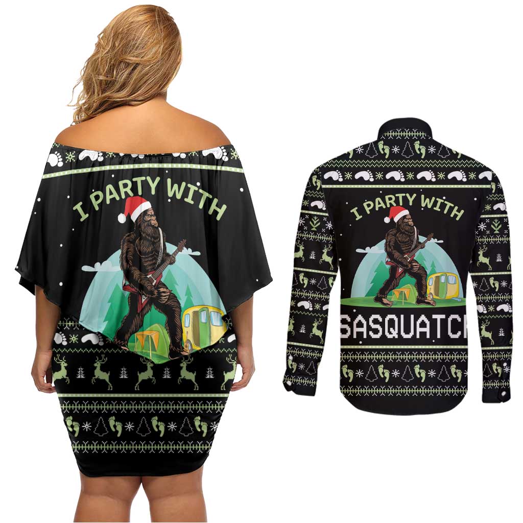 I'm Party With Sasquatch Camping Couples Matching Off Shoulder Short Dress and Long Sleeve Button Shirt I'm Party With Sasquatch - Wonder Print Shop