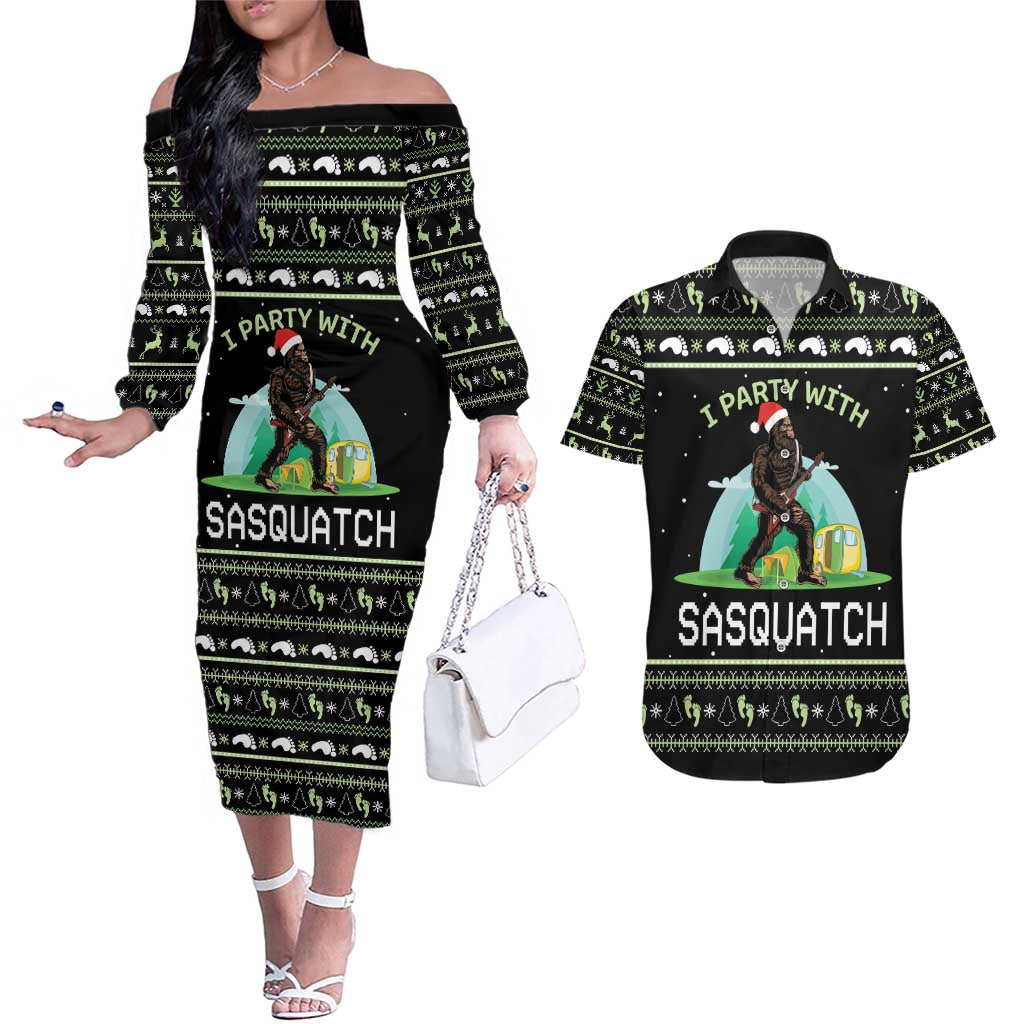 I'm Party With Sasquatch Camping Couples Matching Off The Shoulder Long Sleeve Dress and Hawaiian Shirt I'm Party With Sasquatch - Wonder Print Shop