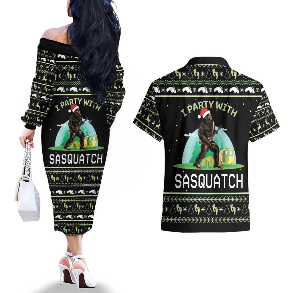 I'm Party With Sasquatch Camping Couples Matching Off The Shoulder Long Sleeve Dress and Hawaiian Shirt I'm Party With Sasquatch - Wonder Print Shop