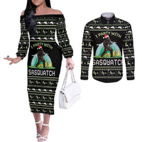 Christmas Im Party With Sasquatch Camping Couples Matching Off The Shoulder Long Sleeve Dress and Long Sleeve Button Shirt Christmas Im Party With Sasquatch