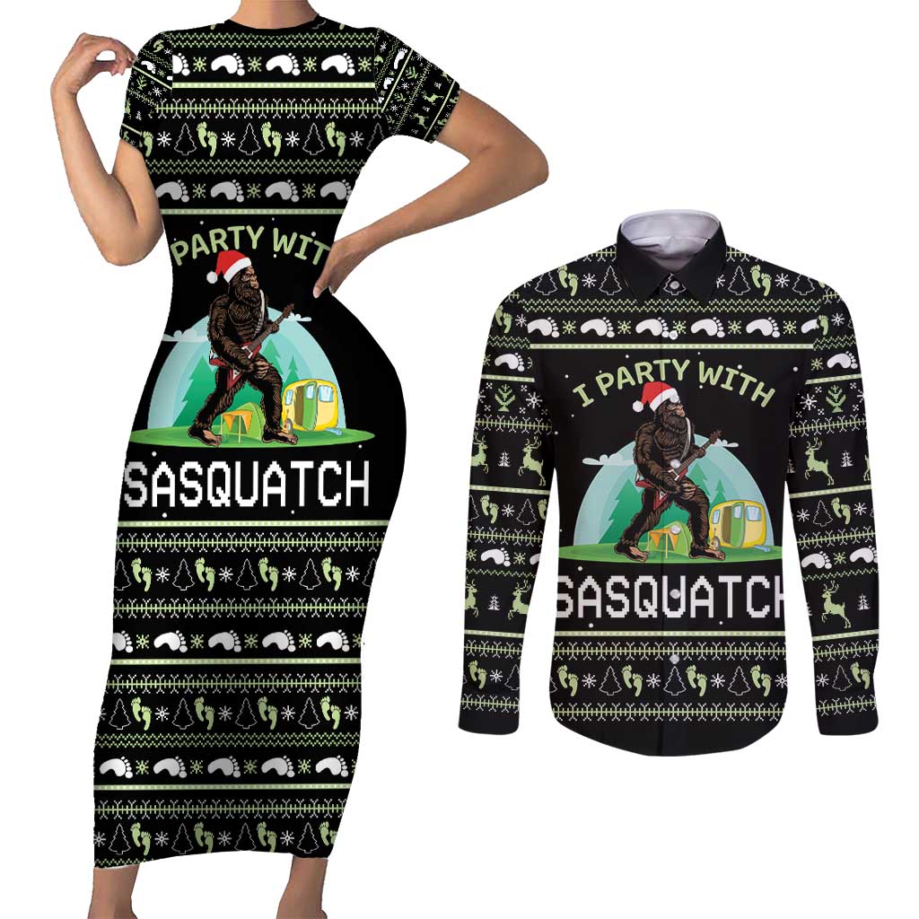I'm Party With Sasquatch Camping Couples Matching Short Sleeve Bodycon Dress and Long Sleeve Button Shirt I'm Party With Sasquatch - Wonder Print Shop