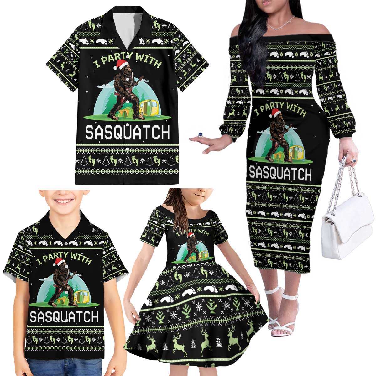 I'm Party With Sasquatch Camping Family Matching Off The Shoulder Long Sleeve Dress and Hawaiian Shirt I'm Party With Sasquatch - Wonder Print Shop