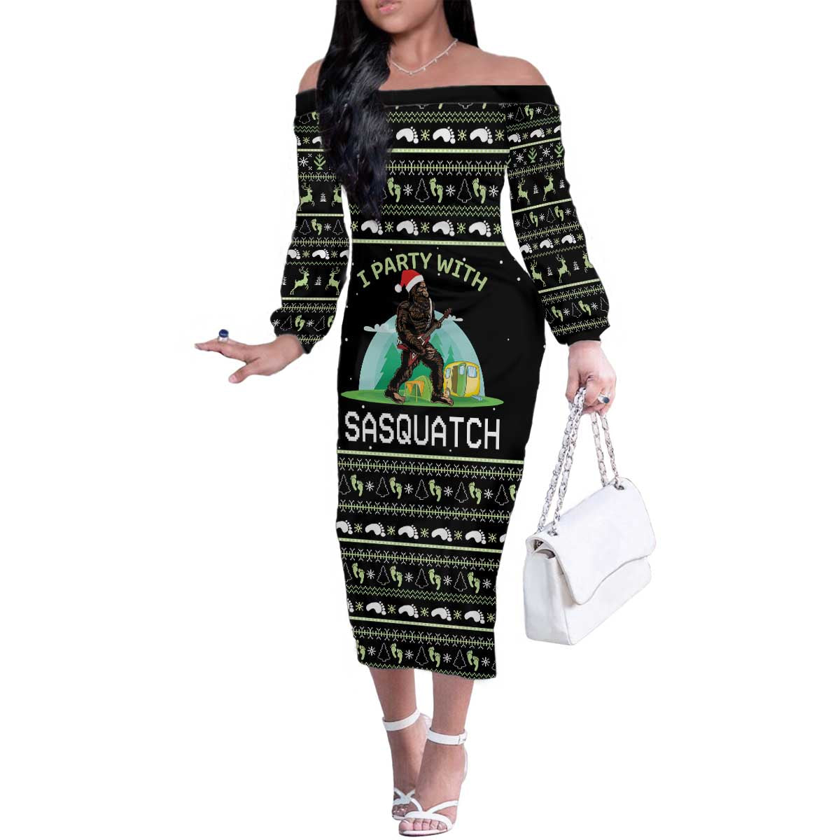 I'm Party With Sasquatch Camping Family Matching Off The Shoulder Long Sleeve Dress and Hawaiian Shirt I'm Party With Sasquatch - Wonder Print Shop