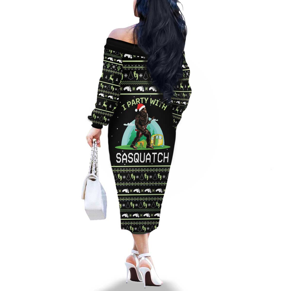I'm Party With Sasquatch Camping Family Matching Off The Shoulder Long Sleeve Dress and Hawaiian Shirt I'm Party With Sasquatch - Wonder Print Shop