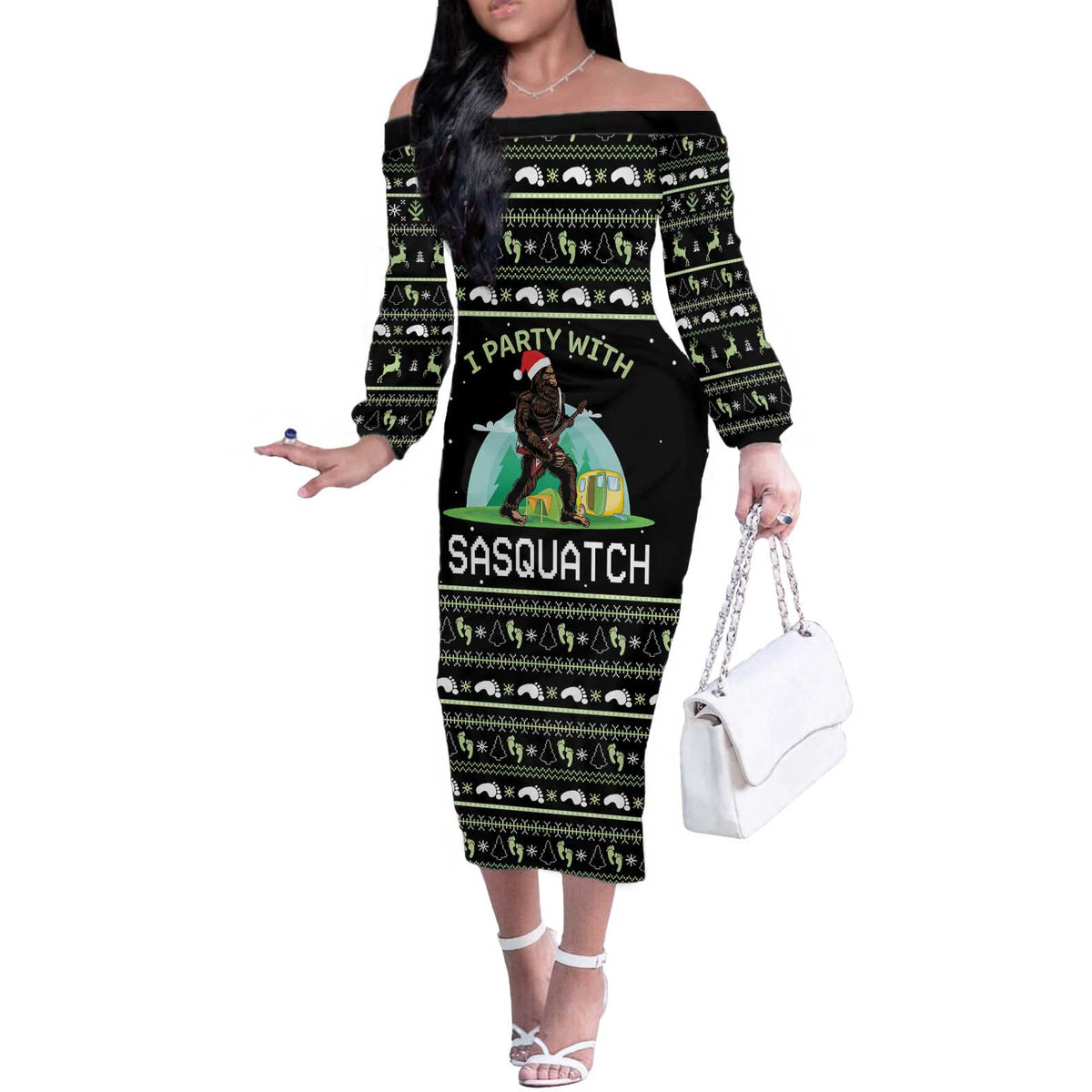 I'm Party With Sasquatch Camping Off The Shoulder Long Sleeve Dress I'm Party With Sasquatch - Wonder Print Shop