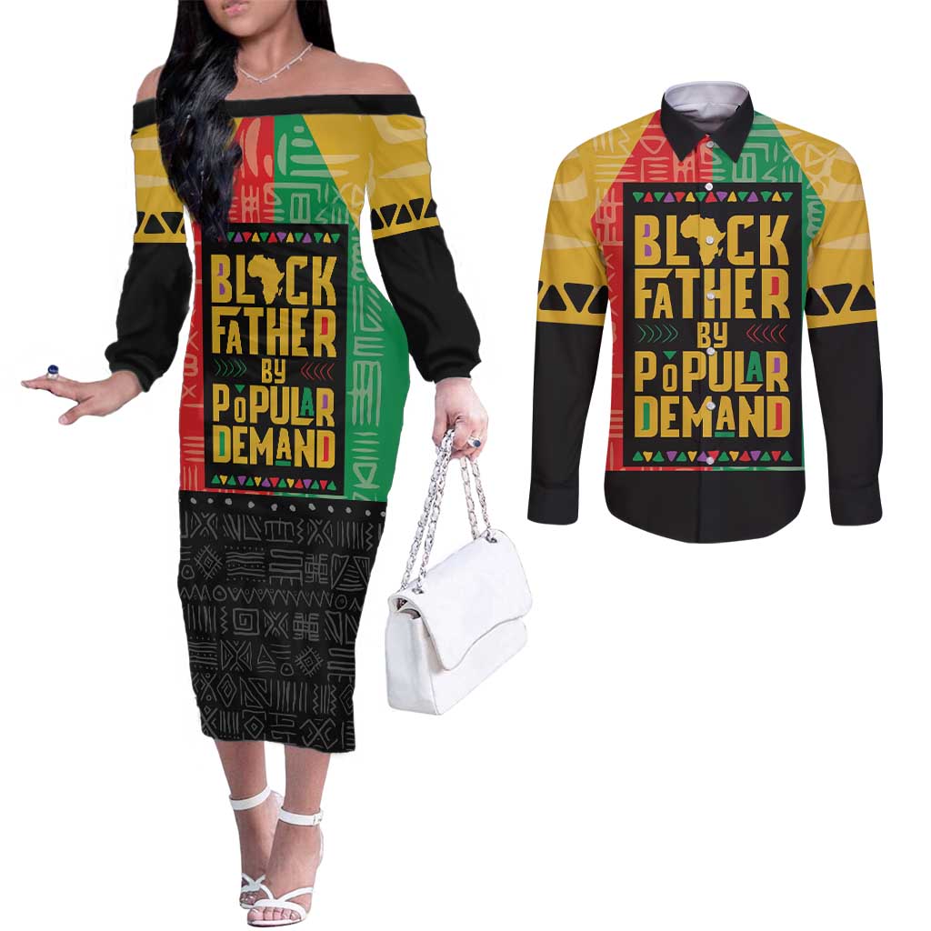 Black Father By Popular Demand African Couples Matching Off The Shoulder Long Sleeve Dress and Long Sleeve Button Shirt