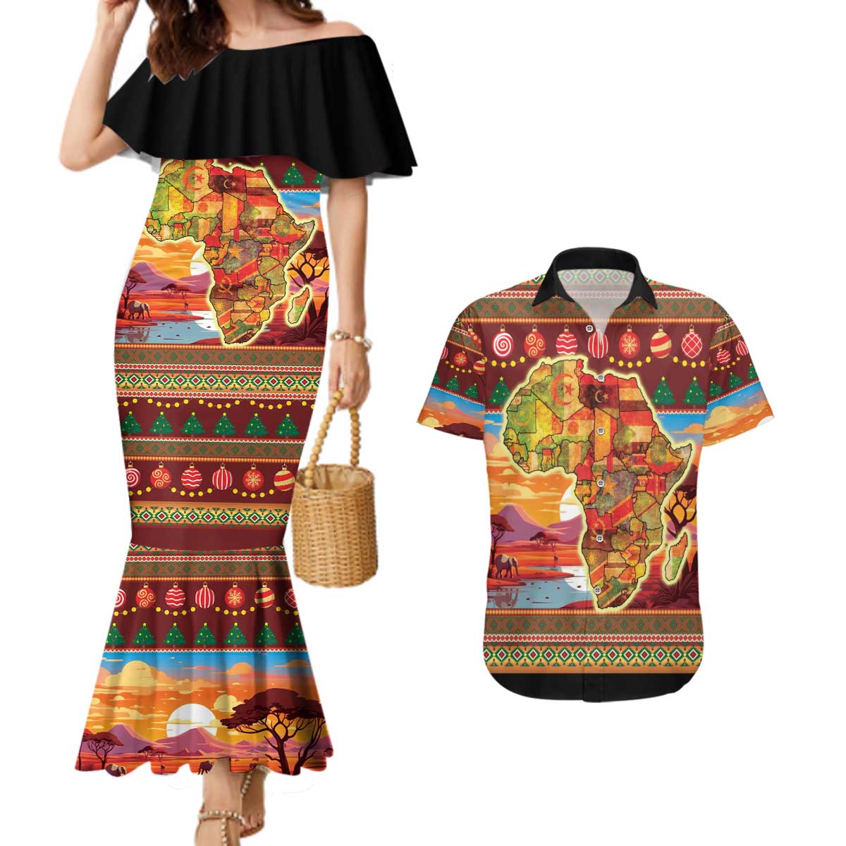 African Heritage and Celebrated Christmas Couples Matching Mermaid Dress and Hawaiian Shirt - Wonder Print Shop