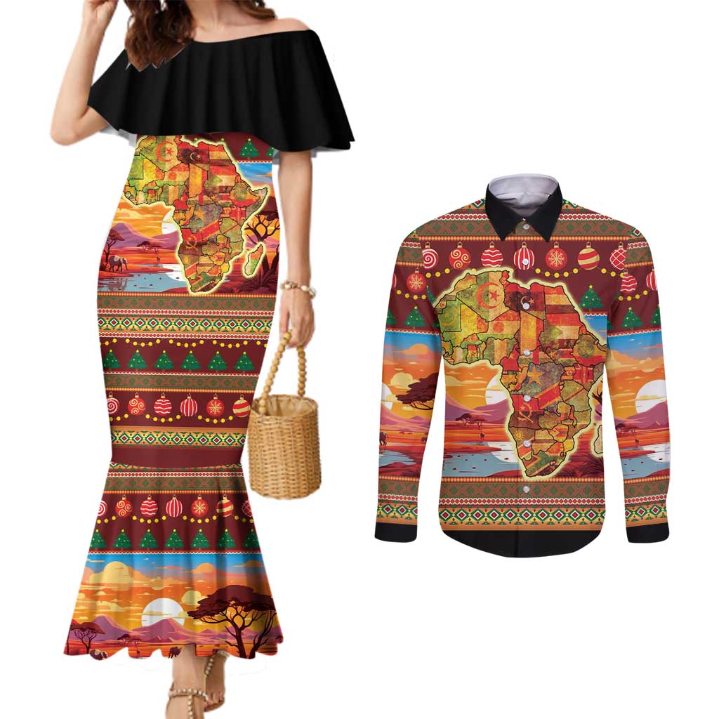 African Heritage and Celebrated Christmas Couples Matching Mermaid Dress and Long Sleeve Button Shirt